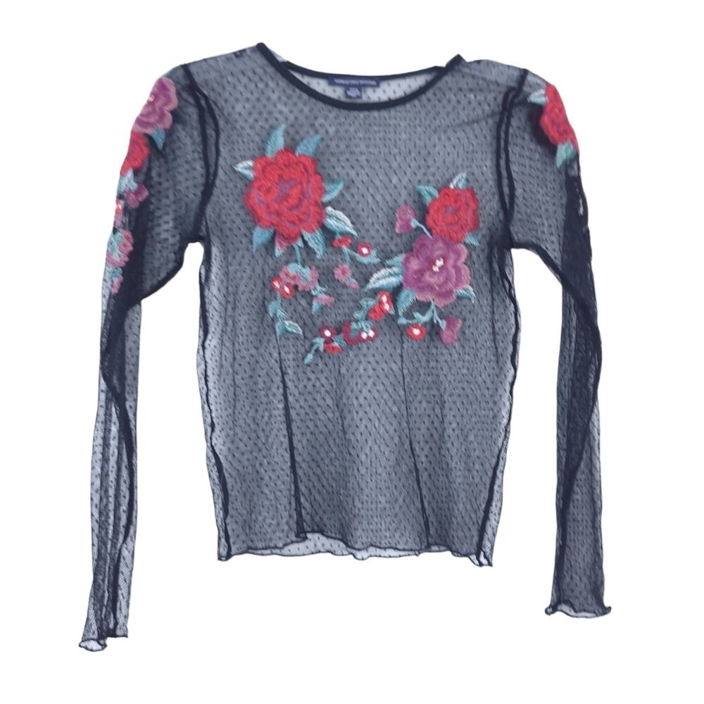 American Eagle Rose Mesh Black Floral Sheer Long Sleeve Shirt Festival Bohemian